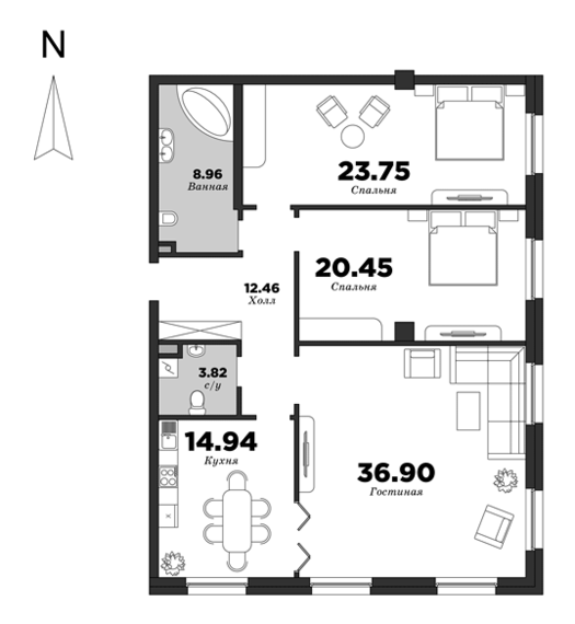 NEVA HAUS, Корпус 2, 3 спальни, 121.28 м² | планировка элитных квартир Санкт-Петербурга | М16